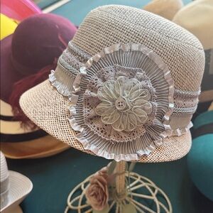 Grey summer Cloche Hat with Lace Flower Accent